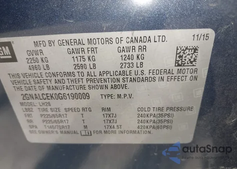 2016 Chevrolet Equinox Lt из США, поврежденный, VIN 2GNALCEK0G6190009